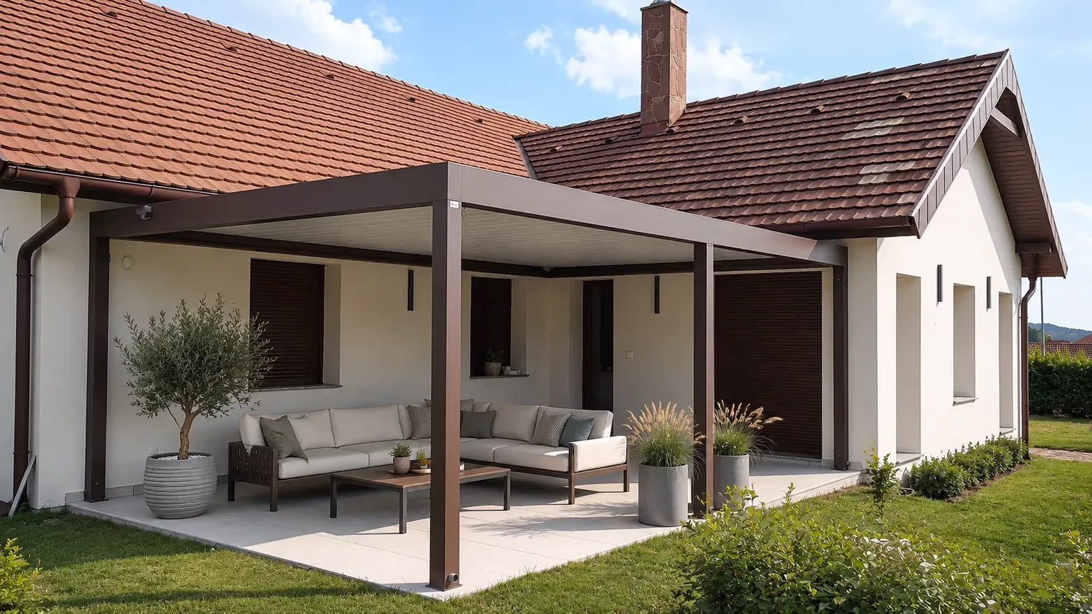 Bioklimatická hliníková pergola nad terasou pri dome s tehlovou strechou