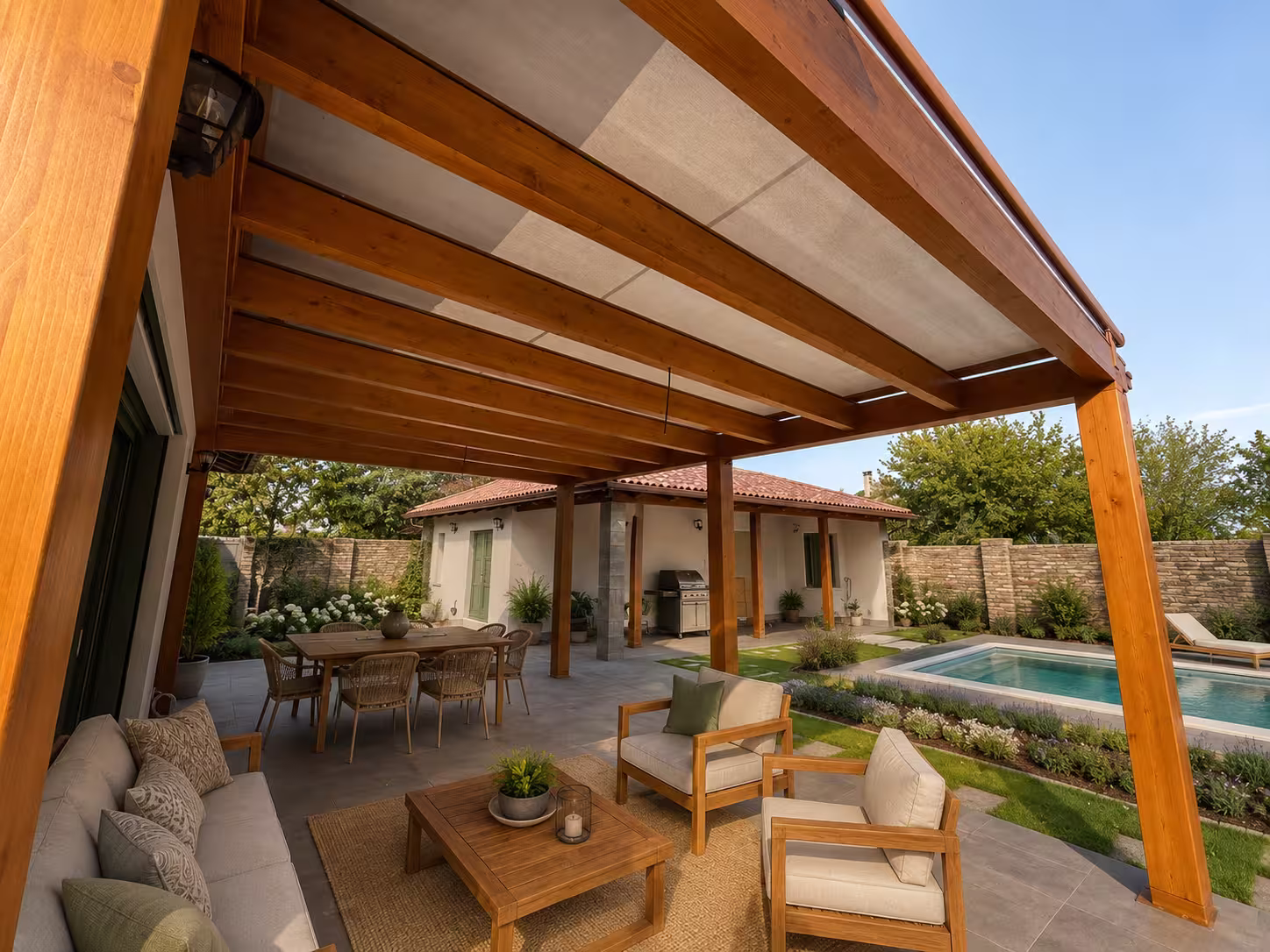 Drevená pergola Kartágo z lepeného dreva s pohodlným posedením pri bazéne