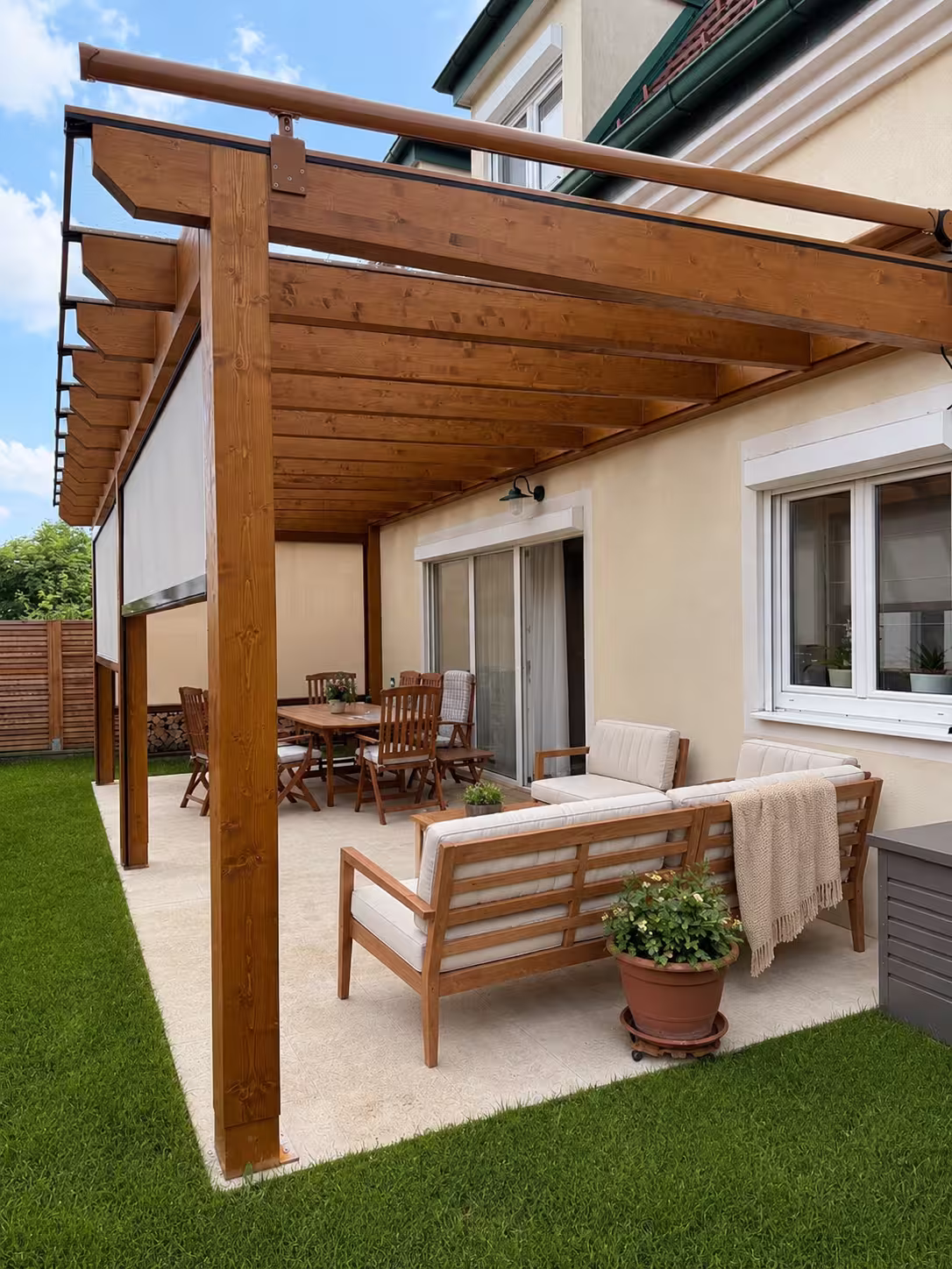 Drevená pergola Kartágo so screenovými clonami a záhradným posedením pri rodinnom dome