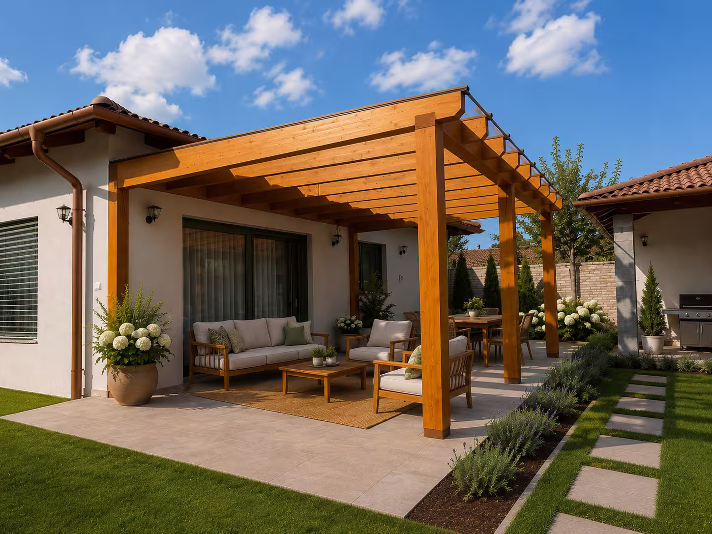 Drevená pergola Kartágo so šikmou strechou a záhradným sedením pri rodinnom dome