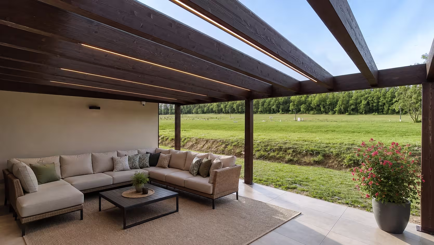 Drevená pergola Milano s integrovaným LED osvetlením a rohovou sedacou súpravou